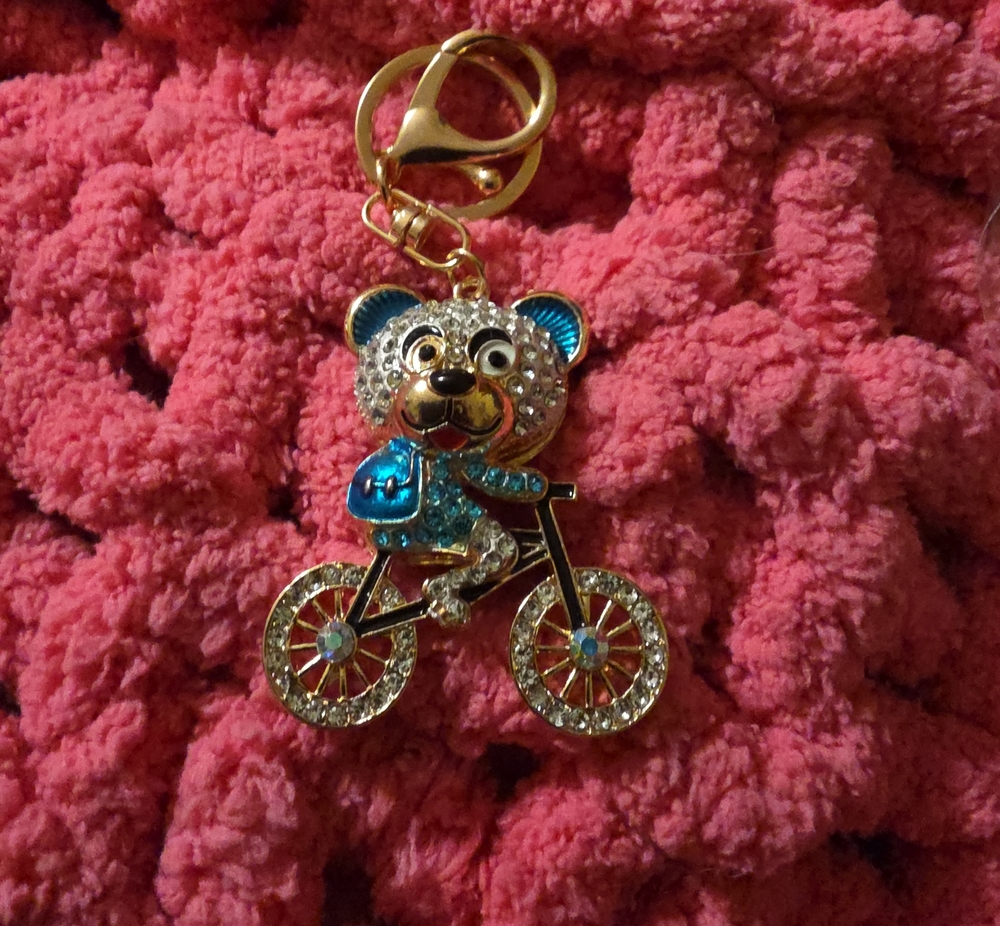 Crystal Teddy Bear Bicycle Keychain - Blue & Gold